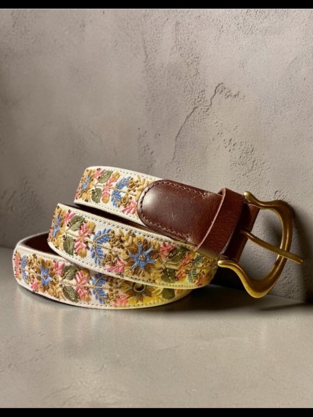 Lucky Brand Cream Embroidered Floral Canvas Belt with Brown Leather